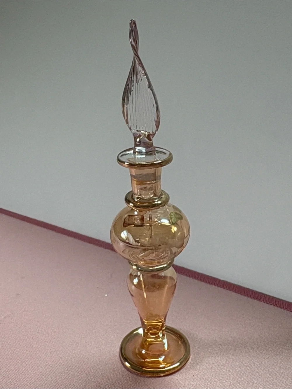 Egyptian Handblown Amber and Gold Glass Bottle with Decorative Stopper